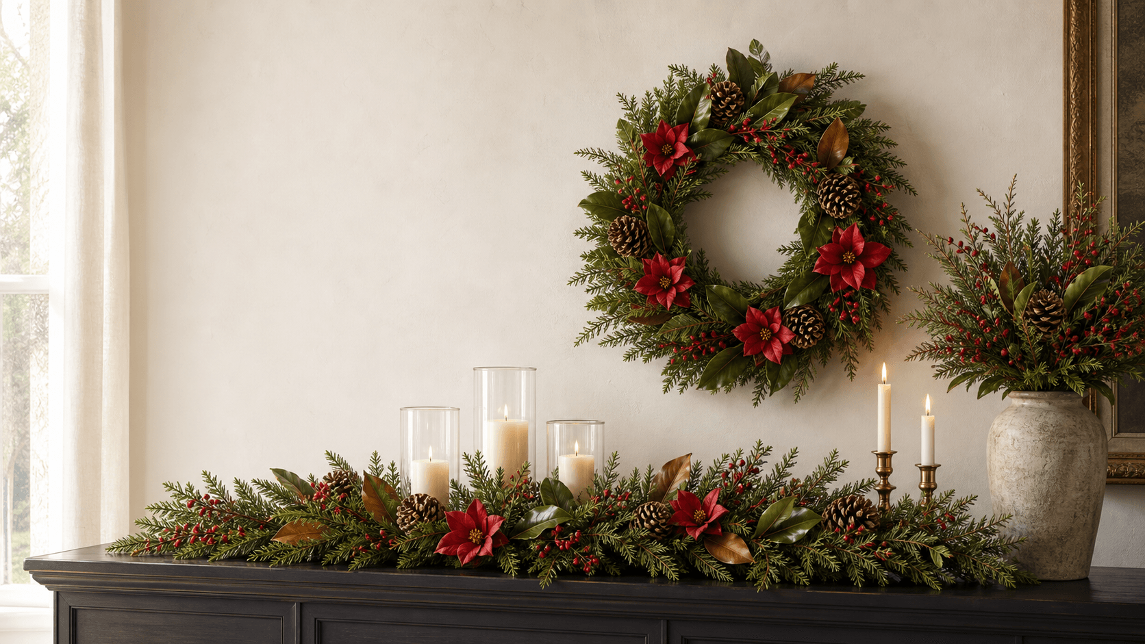 premium Christmas botanicals with magnolia wreath, garland, berries, pinecones, candles and vase arrangement in a refined home decor interior