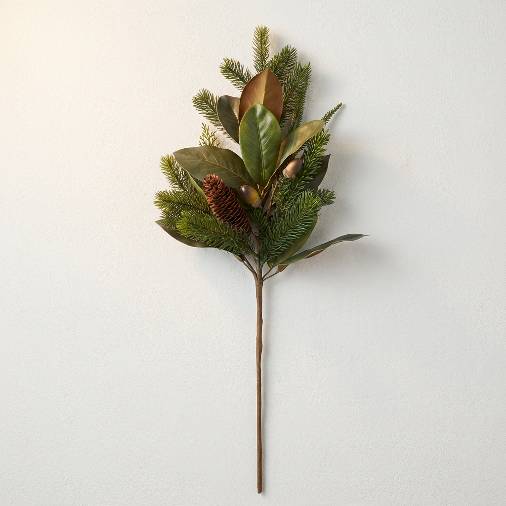 Magnolia hazelnut Christmas pick with mixed evergreen greenery, pinecone and decorative nut accents