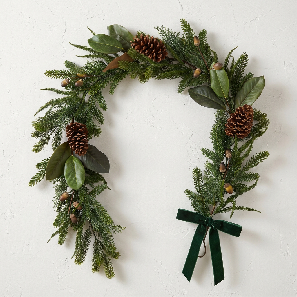 Magnolia hazelnut green ribbon Christmas garland with mixed evergreen greenery, pinecones and decorative nut accents