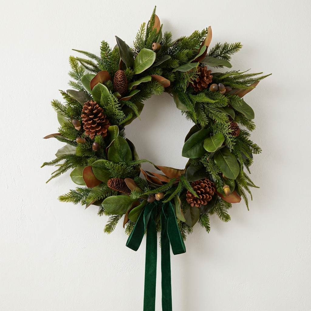 Magnolia hazelnut green ribbon Christmas wreath with mixed evergreen greenery, pinecones and decorative nut accents