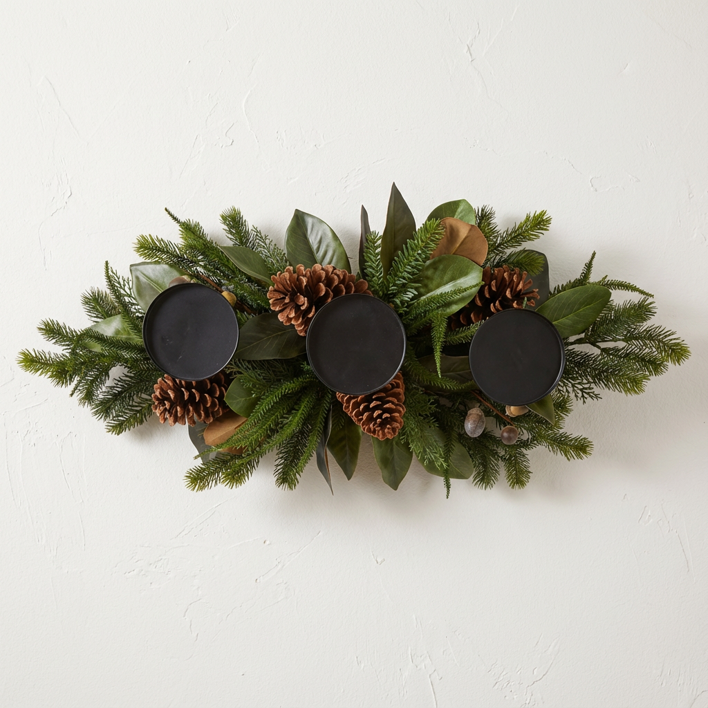 Magnolia hazelnut triple-candle Christmas centerpiece with evergreen greenery, pinecones and decorative nut accents