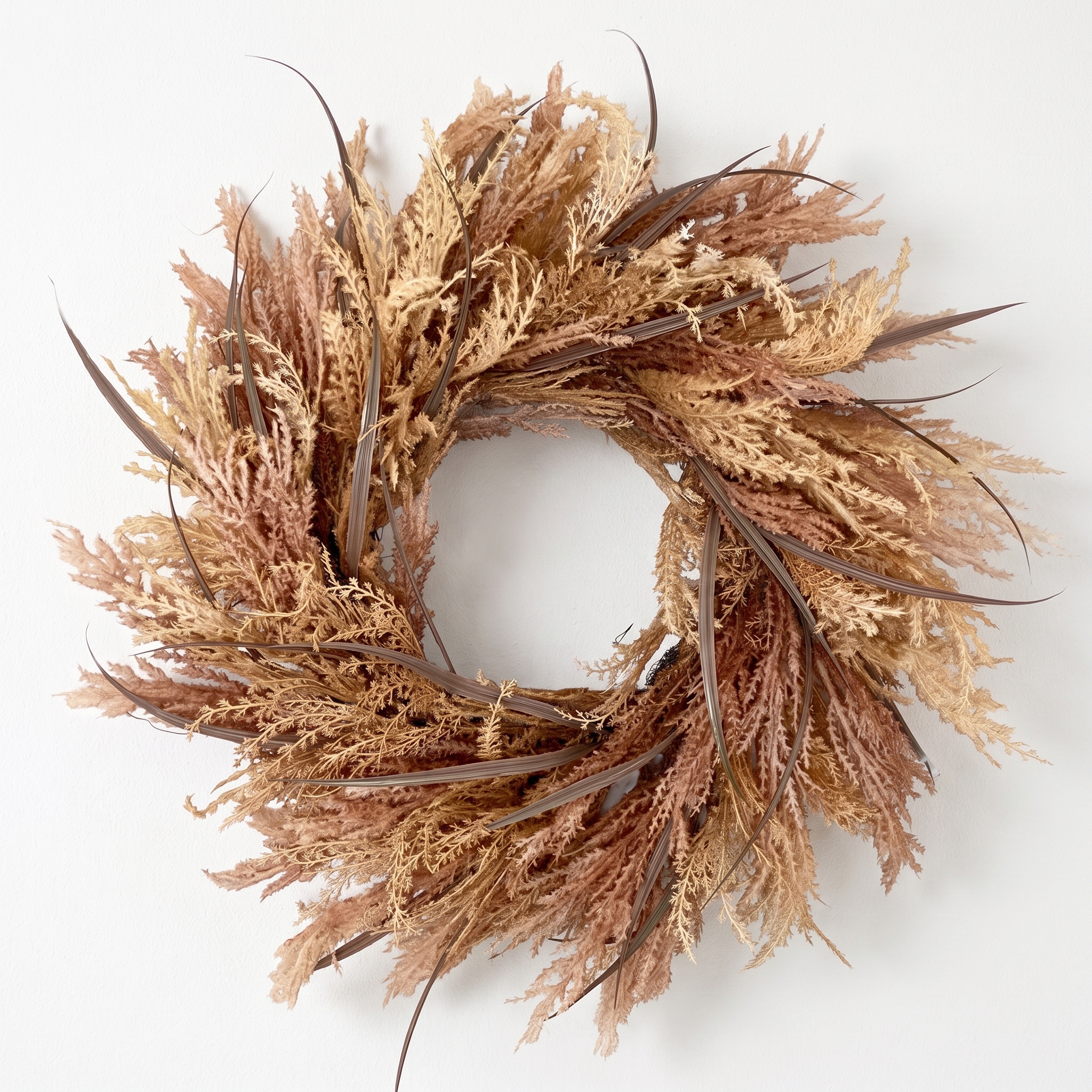 brown mixed harvest pampas wreath with long blade leaves and layered feathery foliage