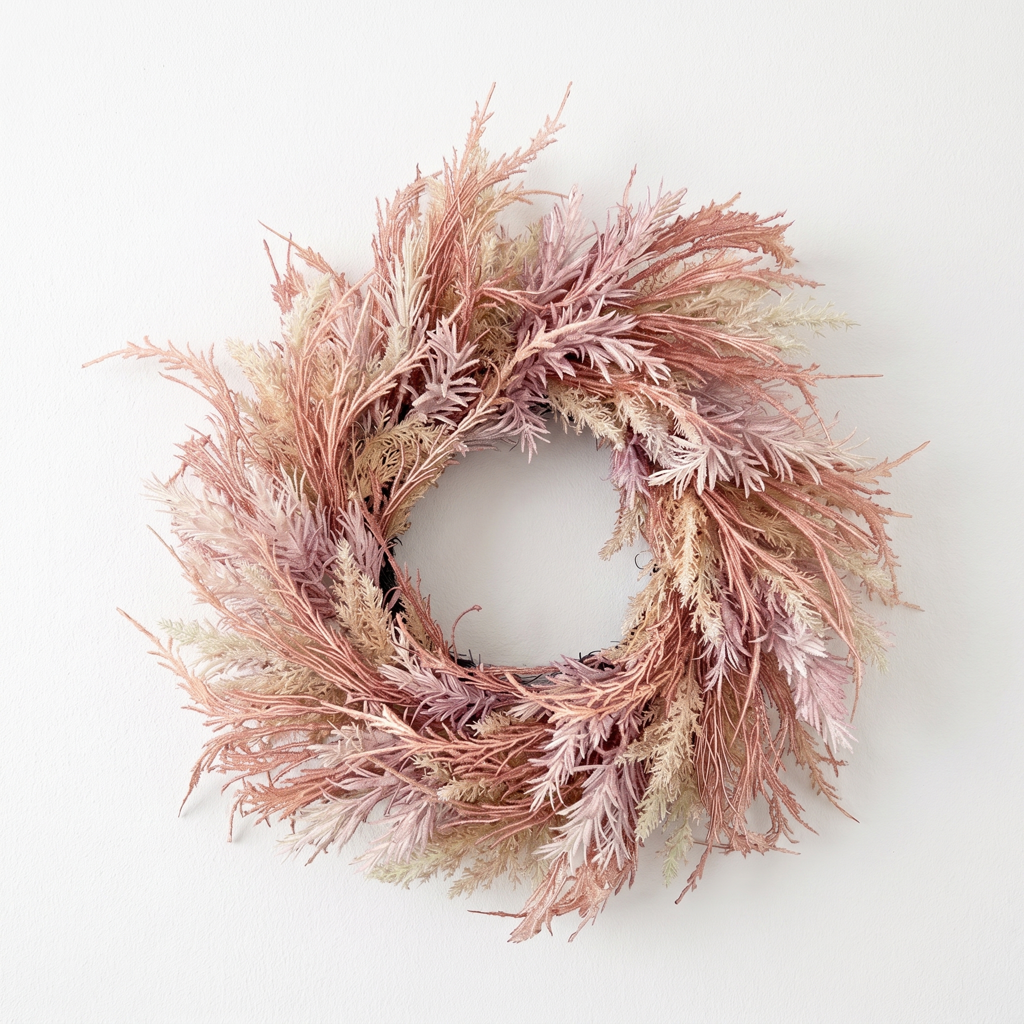 dusty rose mixed harvest pampas wreath with muted cream and pink feathery foliage