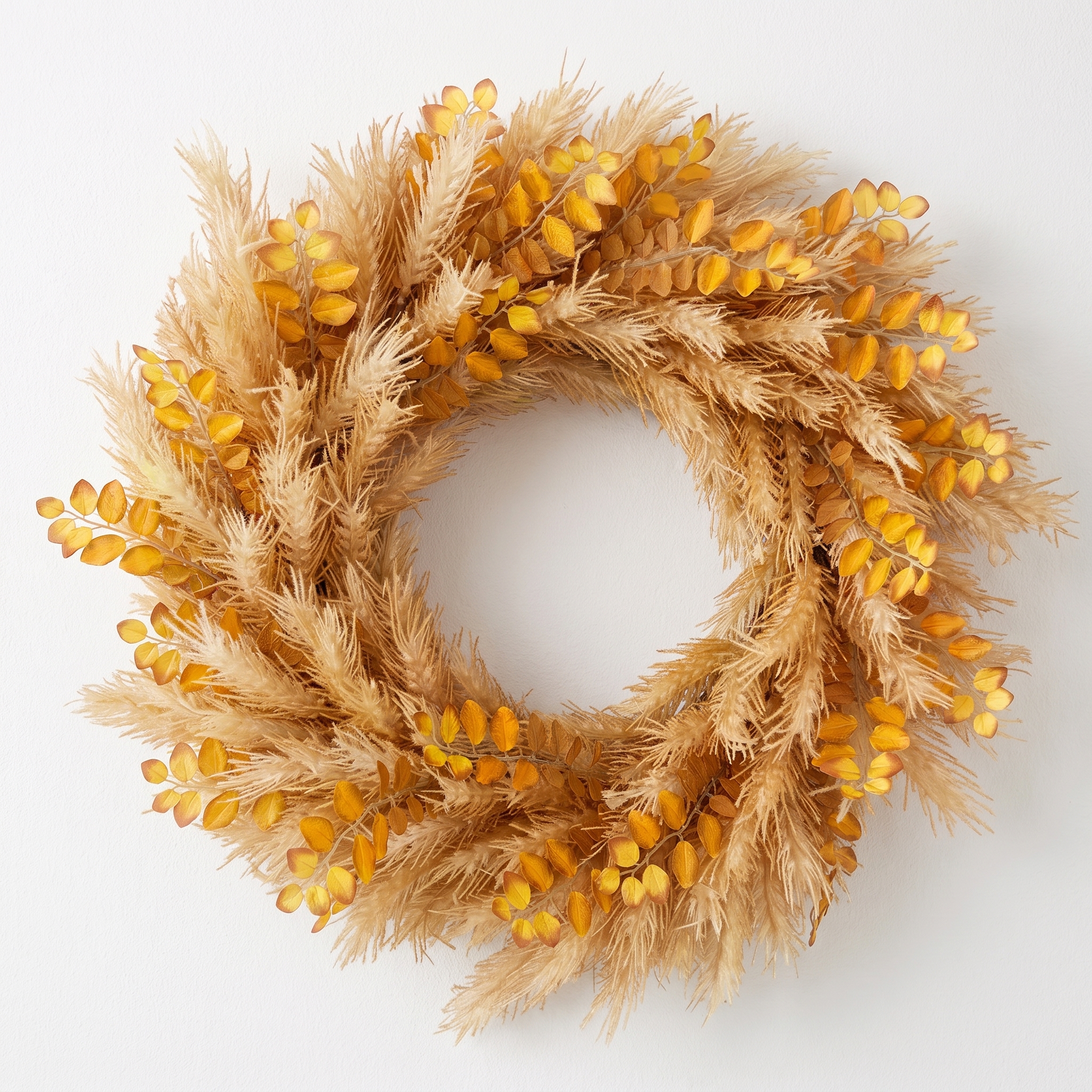 golden yellow mixed harvest pampas wreath with rounded leaves and tan feathery foliage