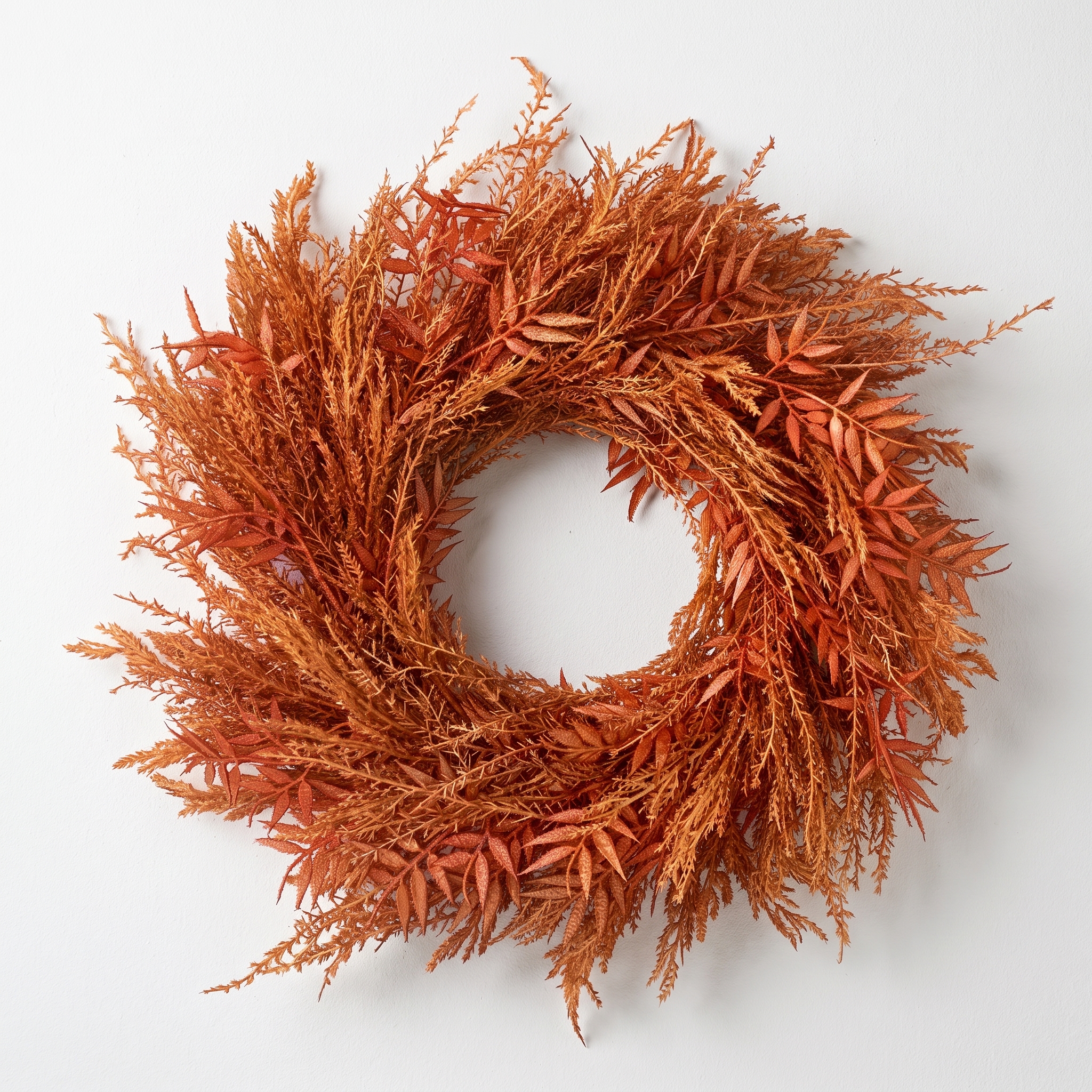 rust orange mixed harvest pampas wreath with narrow leaves and rich feathery autumn foliage