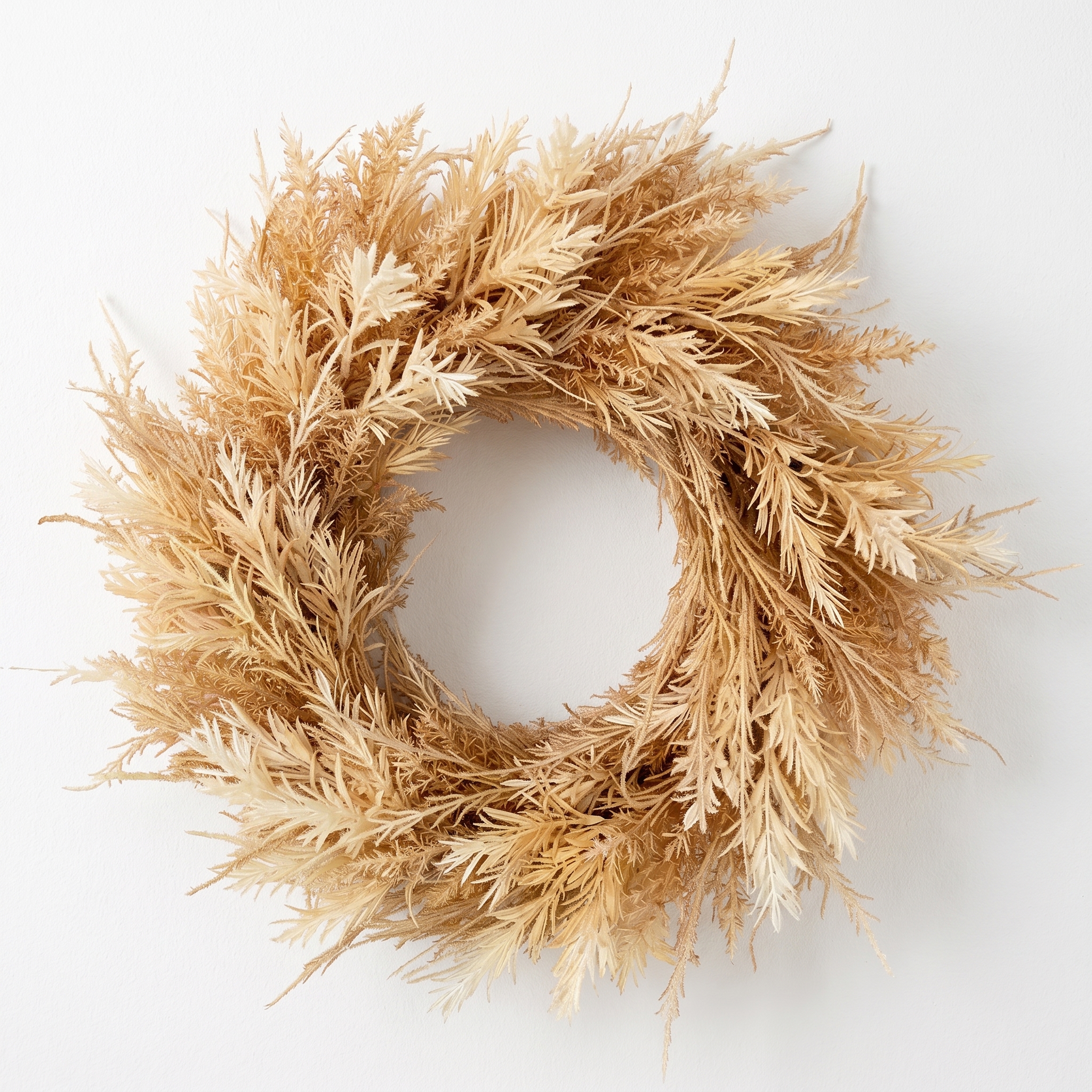 warm tan artificial mixed harvest pampas wreath with dense cream foliage and dried-look texture